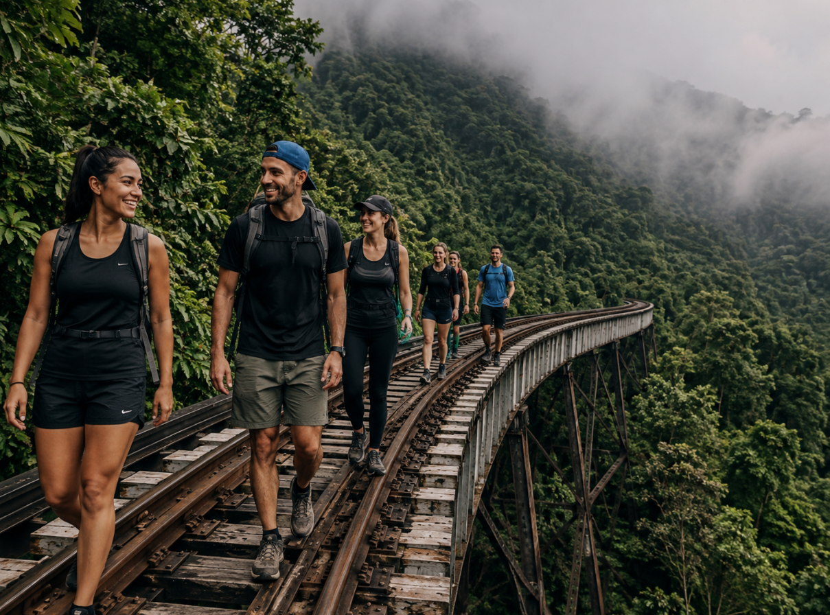 A group of hikers sharing the railway route in the green mountains of Amagá